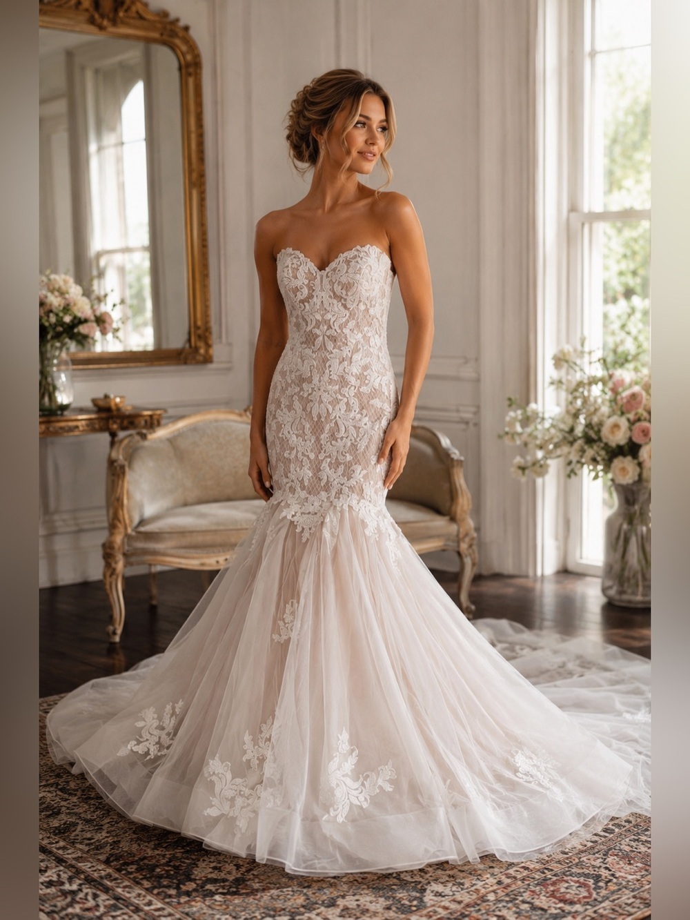 Cocomelody Size 8 Mermaid Wedding Dress Beaded Lace Train